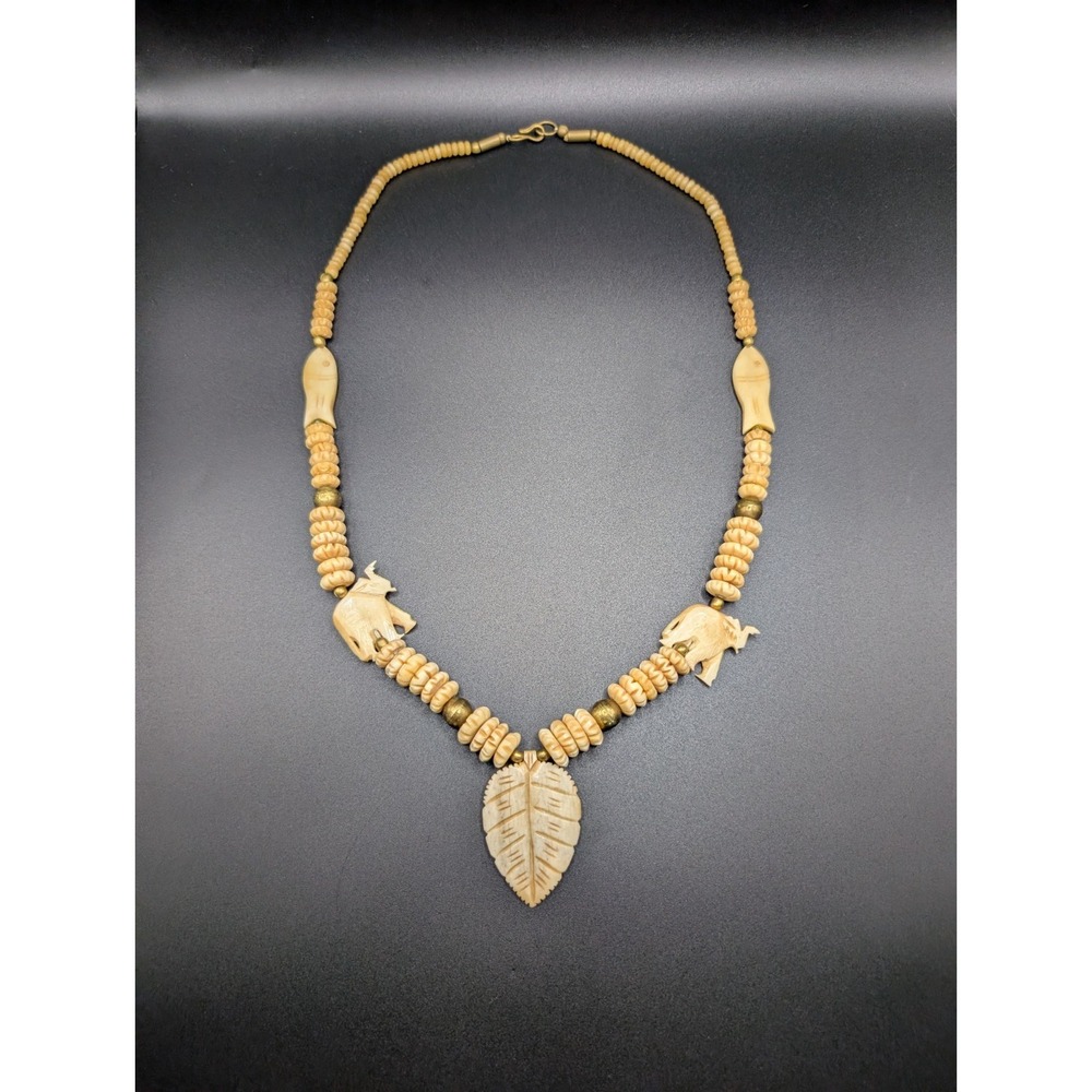Vintage 1970s Style Carved Bovine Bone Elephant Fish Leaf Necklace Tribal Boho